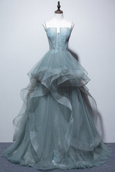 Charming Spaghetti Straps Tulle Dusty Green Long Prom Dress, Glitter Formal Party Dress